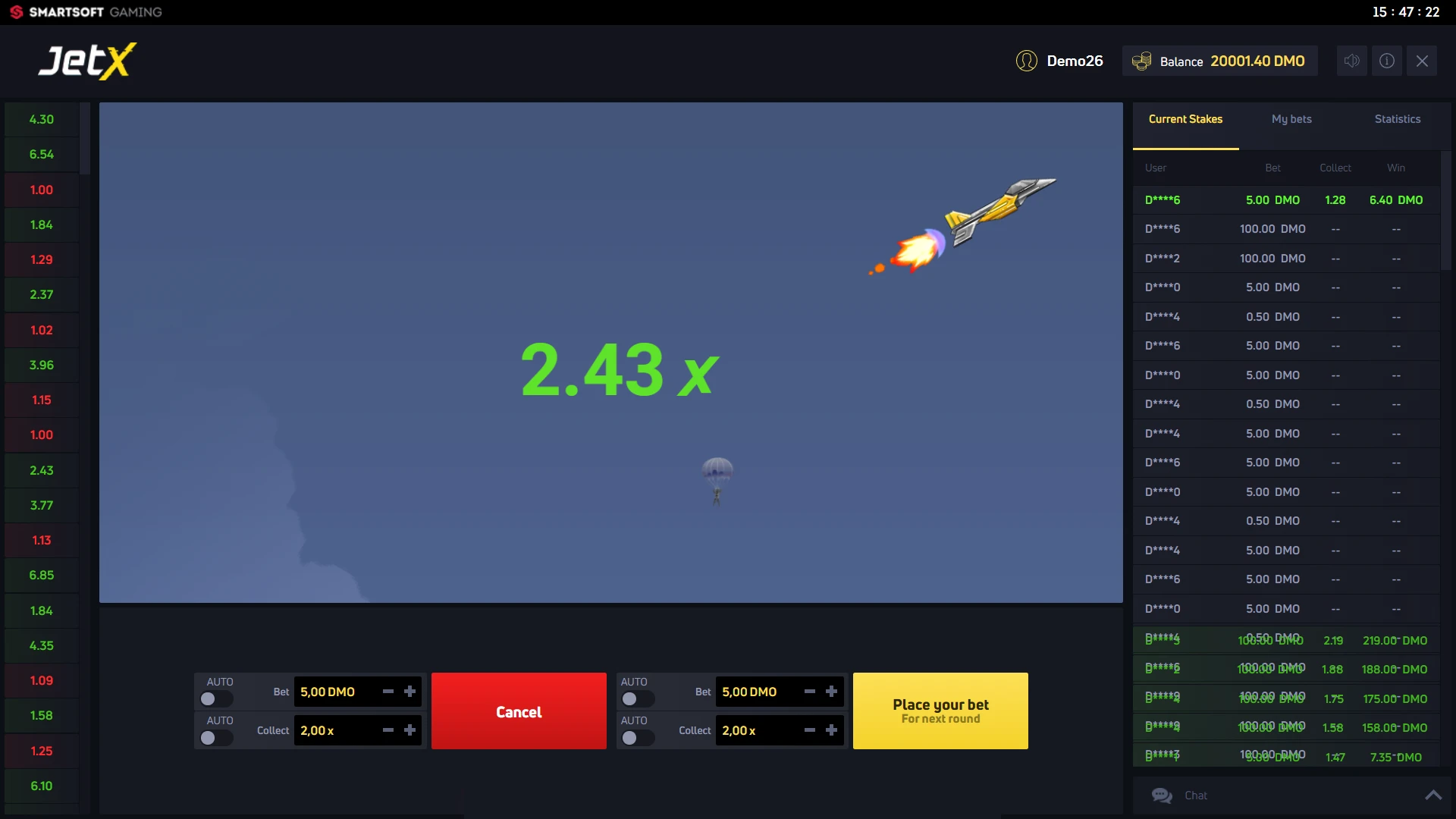 After placing your bet, end the game of JetX.