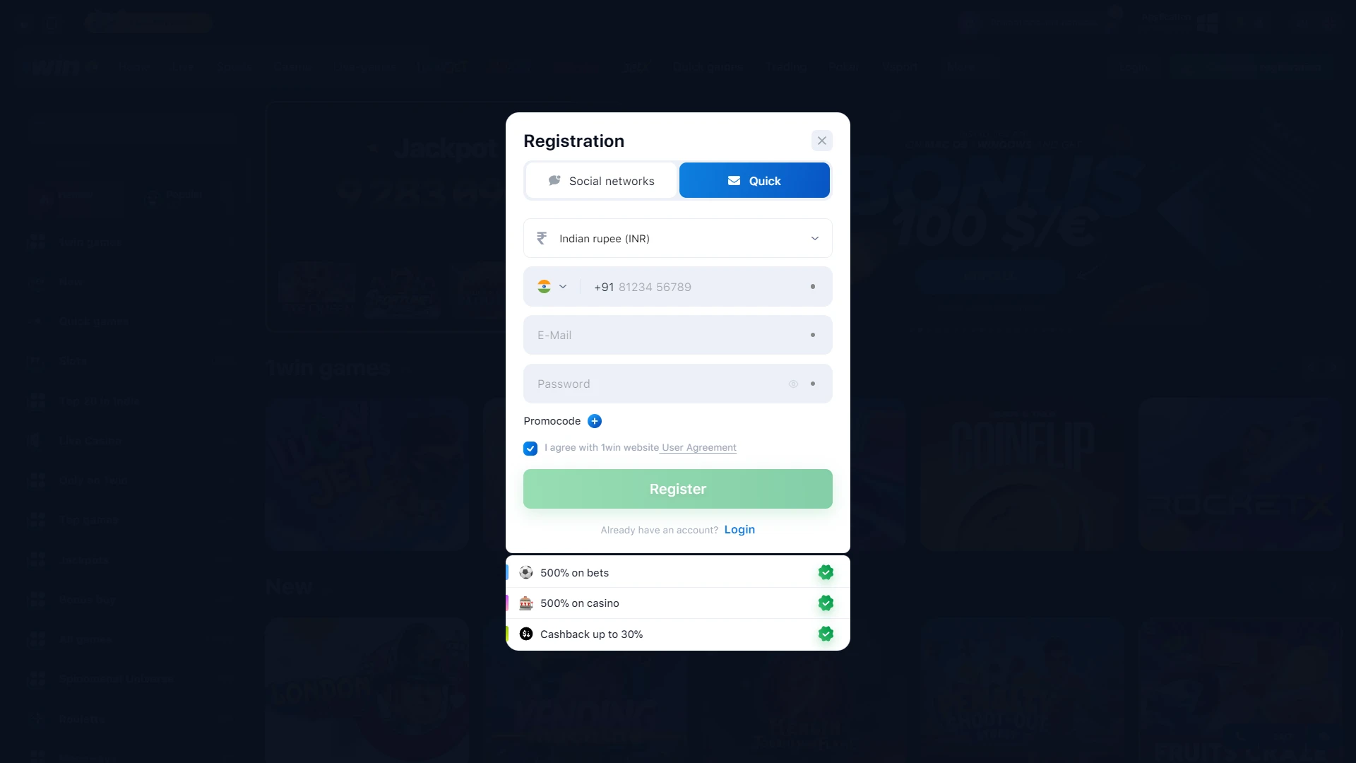 Create a personal account to play JetX.